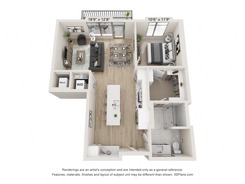 Floor plan for 1 bed, 1 bath, 879 sqft